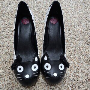 Ridiculously Cute TUK Cat Face Heels Black & White Polka Dot Size 10